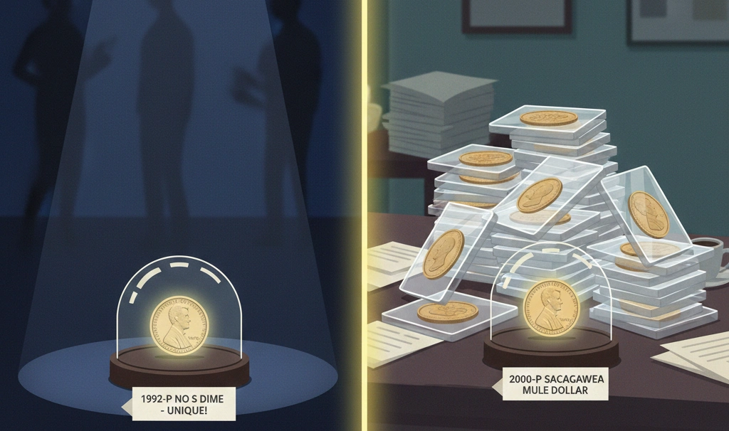 Split-scene comparison: rare error dime vs common error dime