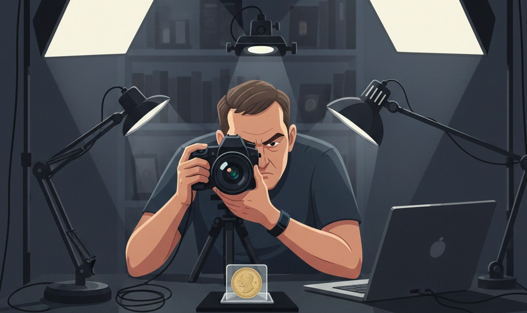 Collector photographing a dime with professional lighting setup