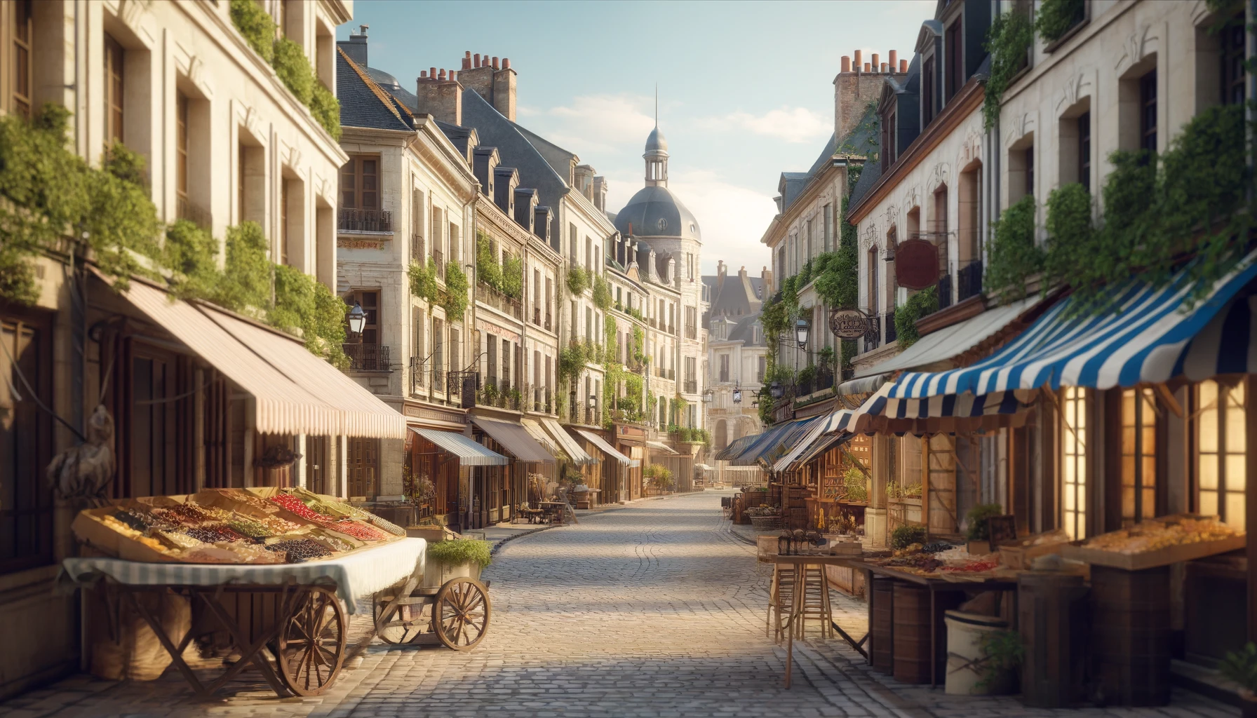 a serene, picturesque French street, lined with historic buildings and quaint market stalls