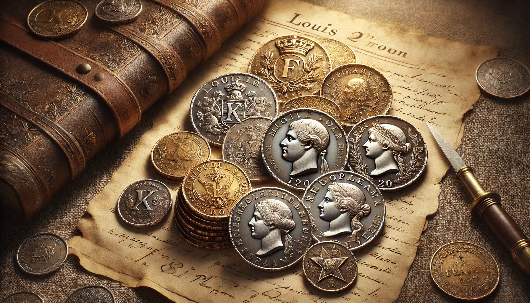 vintage French coins from the 18th century and the French Revolution era arranged on a historical parchment background. Coins include the Louis d'Or, Napoleon 20 Francs, and 5 Franc Silver.