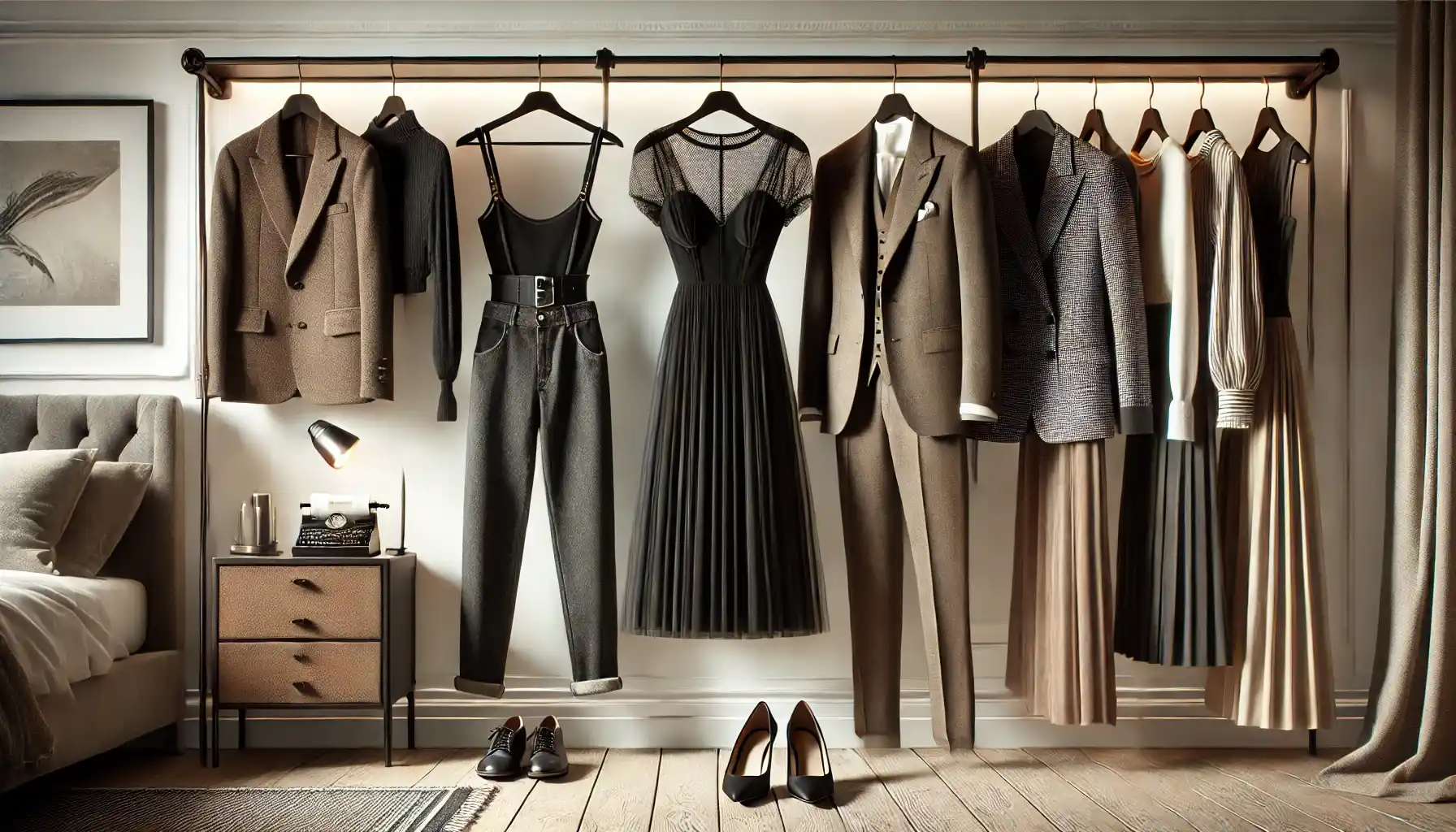 a stylish wardrobe setup featuring a collection of thoughtfully curated vintage clothing pieces.
