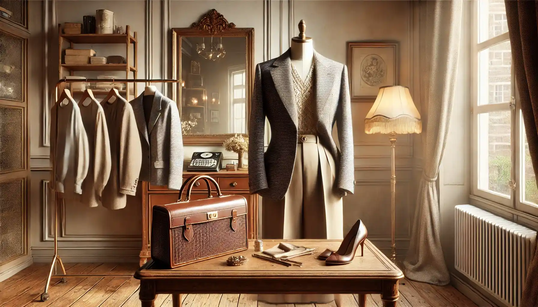 a cozy vintage shopping setting featuring authentic vintage clothing pieces.