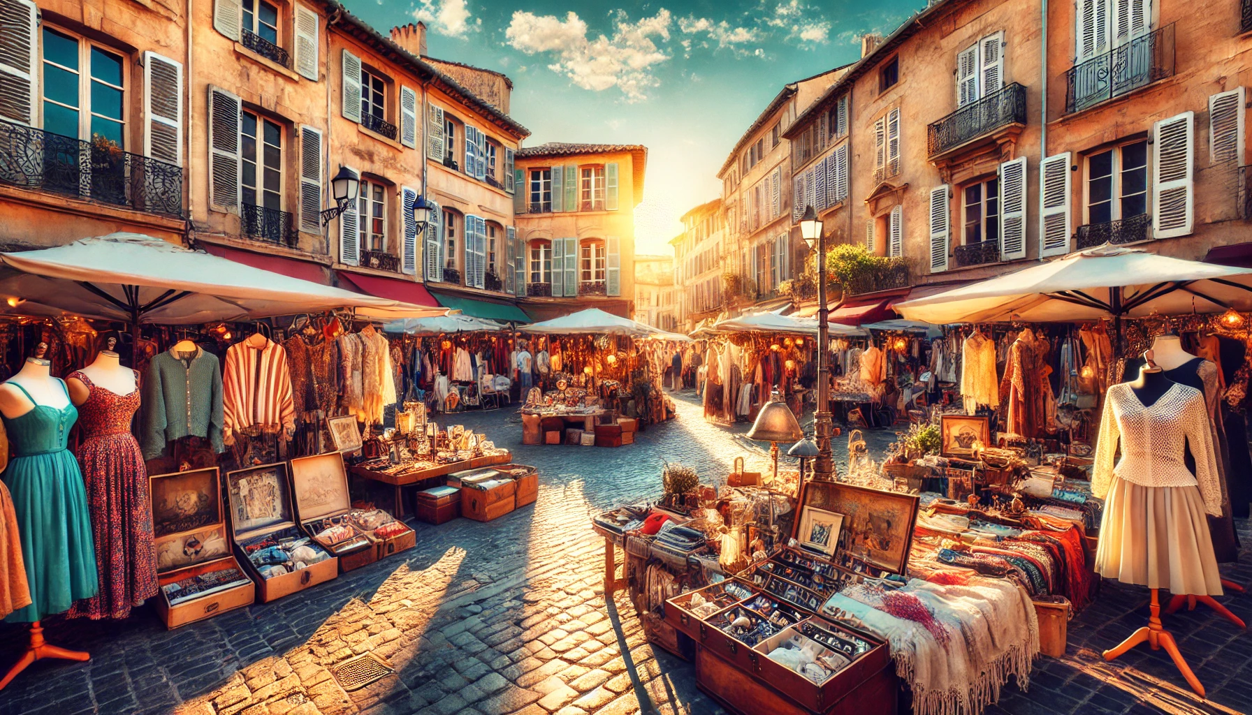 A market in Aix-en-Provence with sunlit streets and stalls filled with vintage fashion items. The market is set in a square surrounded by historic buildings with colorful shutters. 
