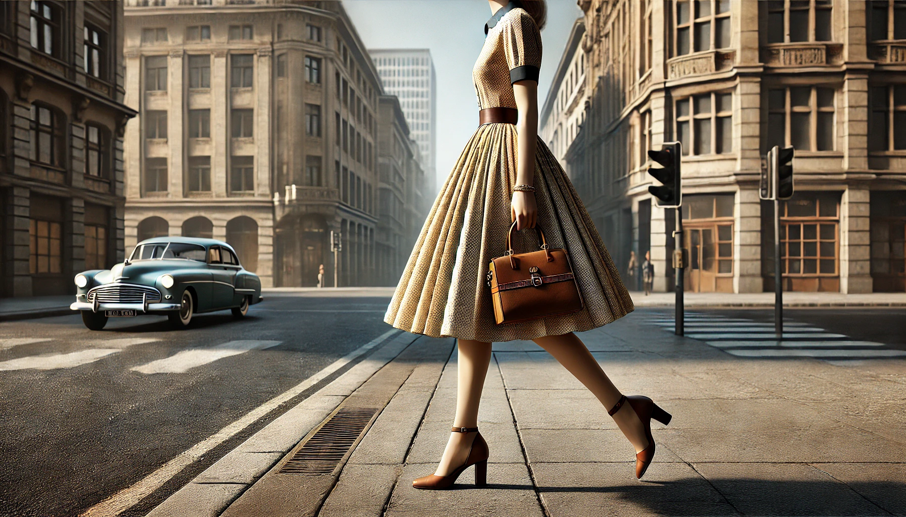 a person wearing a 1950s vintage tea dress walking down a city street. 