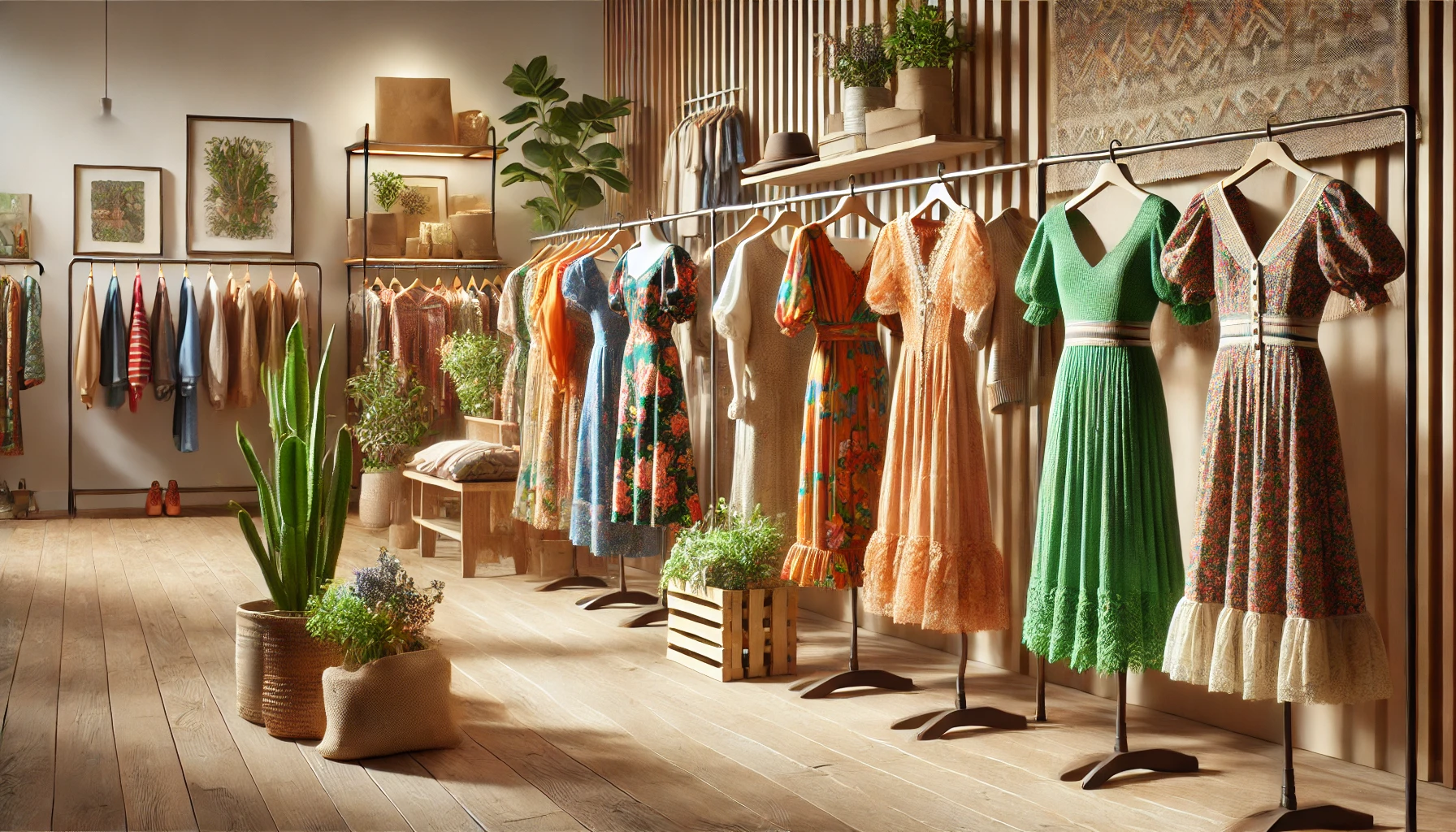 a display of both vintage and modern sustainable clothing.