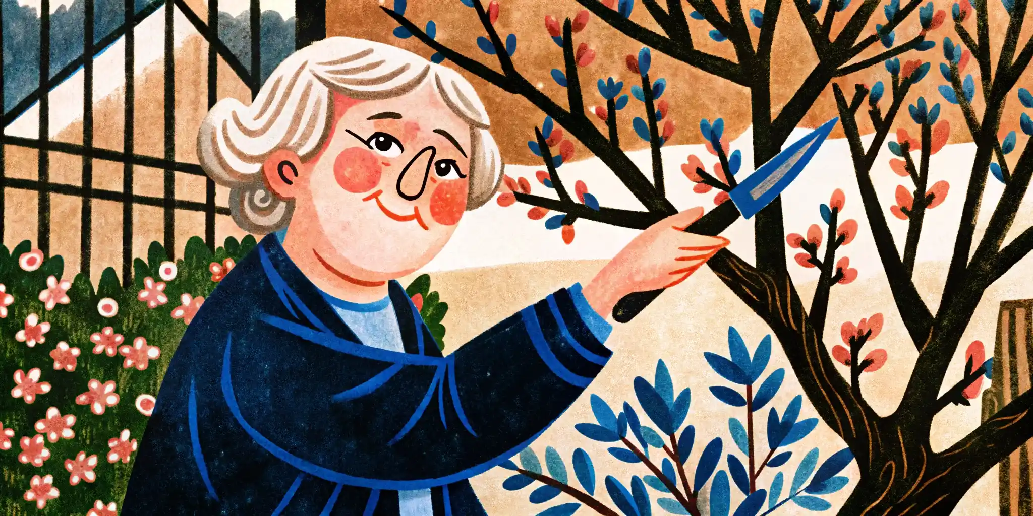 an elderly woman cuts off a tree branch in the garden