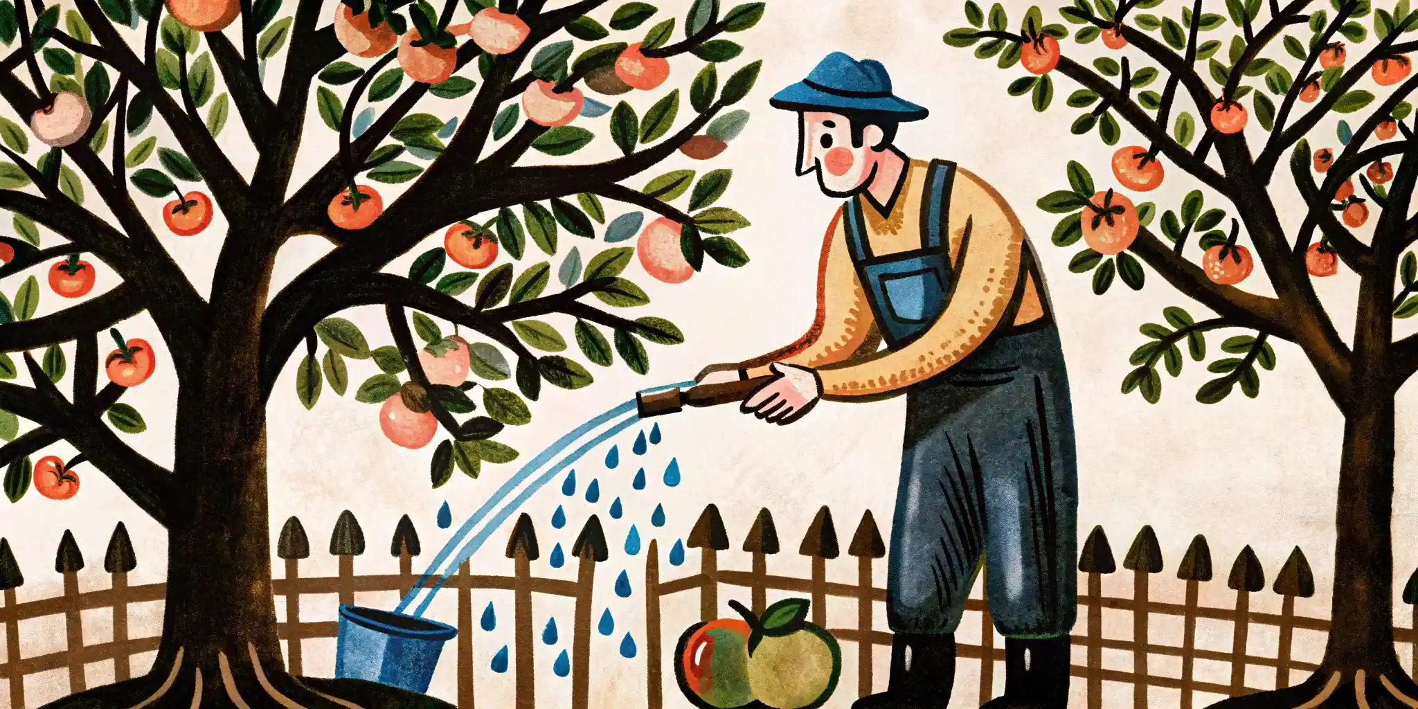 a man waters an apple tree