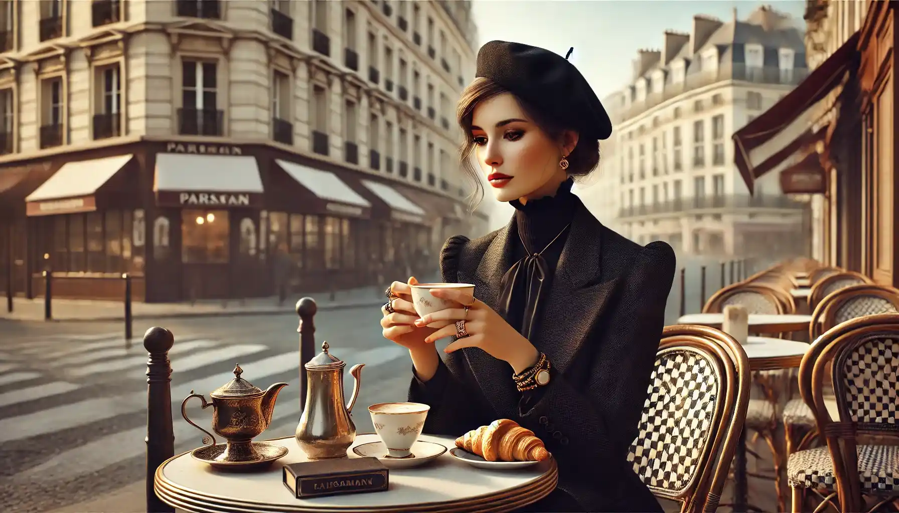 An elegant woman in a tailored black coat and vintage accessories enjoys a morning coffee.
