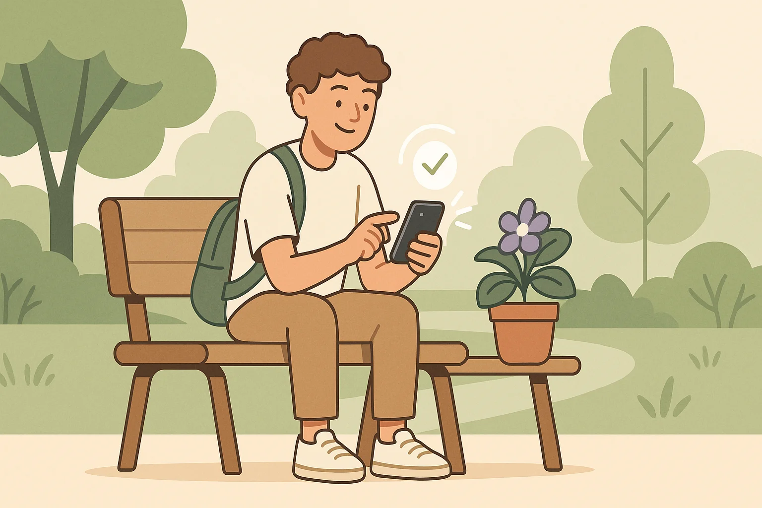 A teenager on the bench sends a check-in update in the park.
